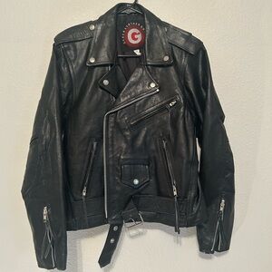 Grace Leather Craft Black Leather Moto Jacket Cropped Biker Zip Up Belted 38